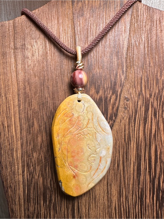 Jewelry - Coral Fossil Lady Profile Pendant Necklace on Brown Rope